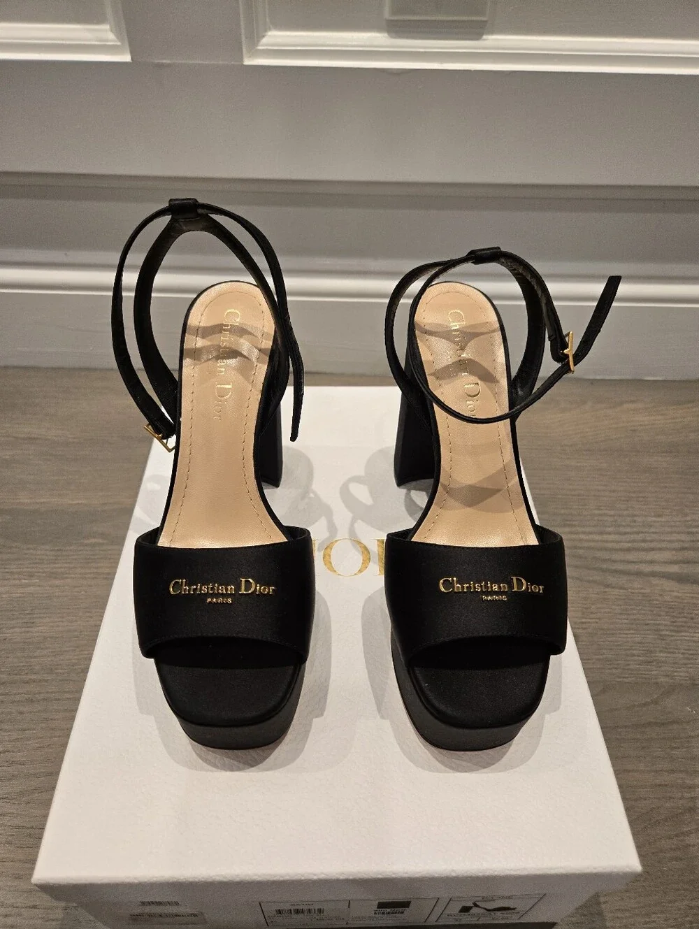 $1,300 Dior D-Lane Logo Heeled Platform Sandal Silk Black EU 37 US 7 BNIB